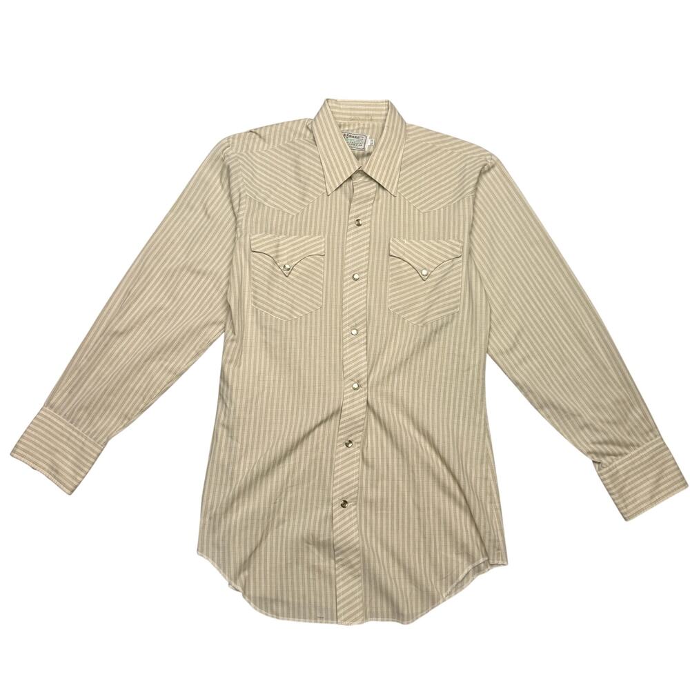Vintage 70s H Bar C Pearl Snap Western Shirt Men’s 15.5x33 Beige Medium Stripe